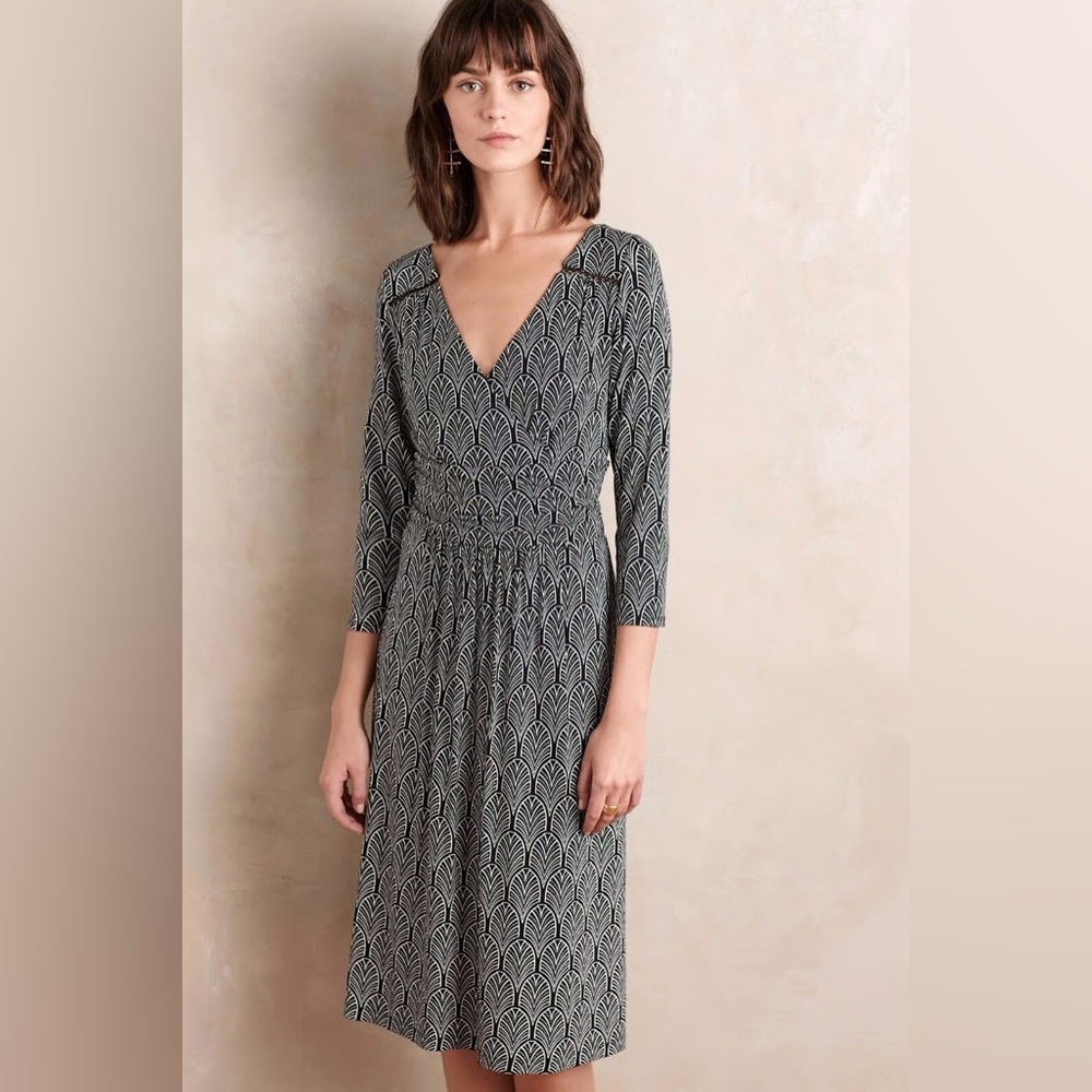 Anthropologie Maeve Womens Med Wrap Dress Galena Midi Black White Stretch Jersey